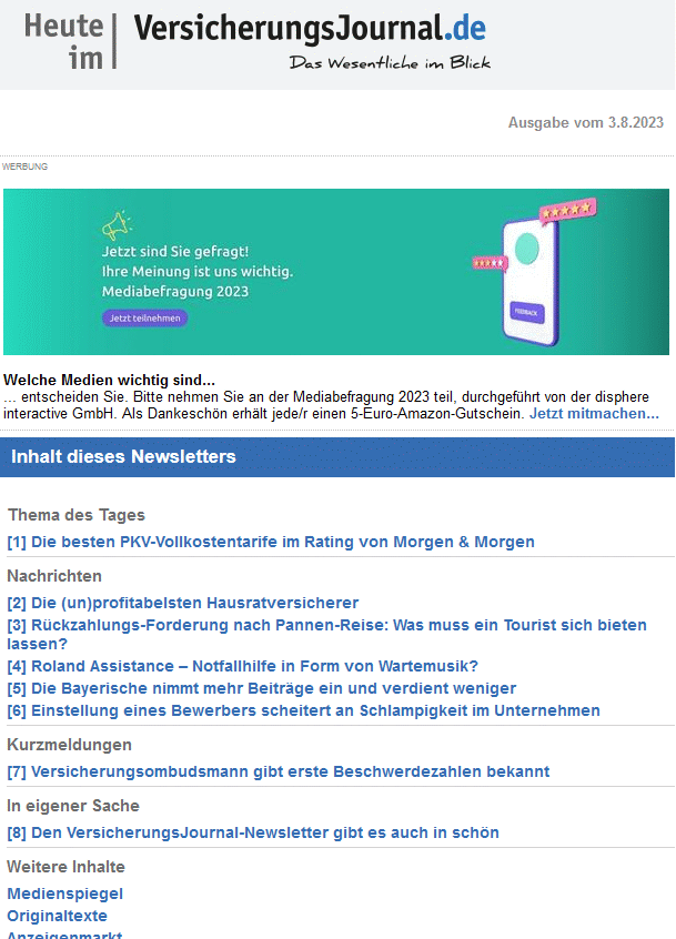 Newsletter Heute im VersicherungsJournal.de (Bild: Versicherungsjournal)
