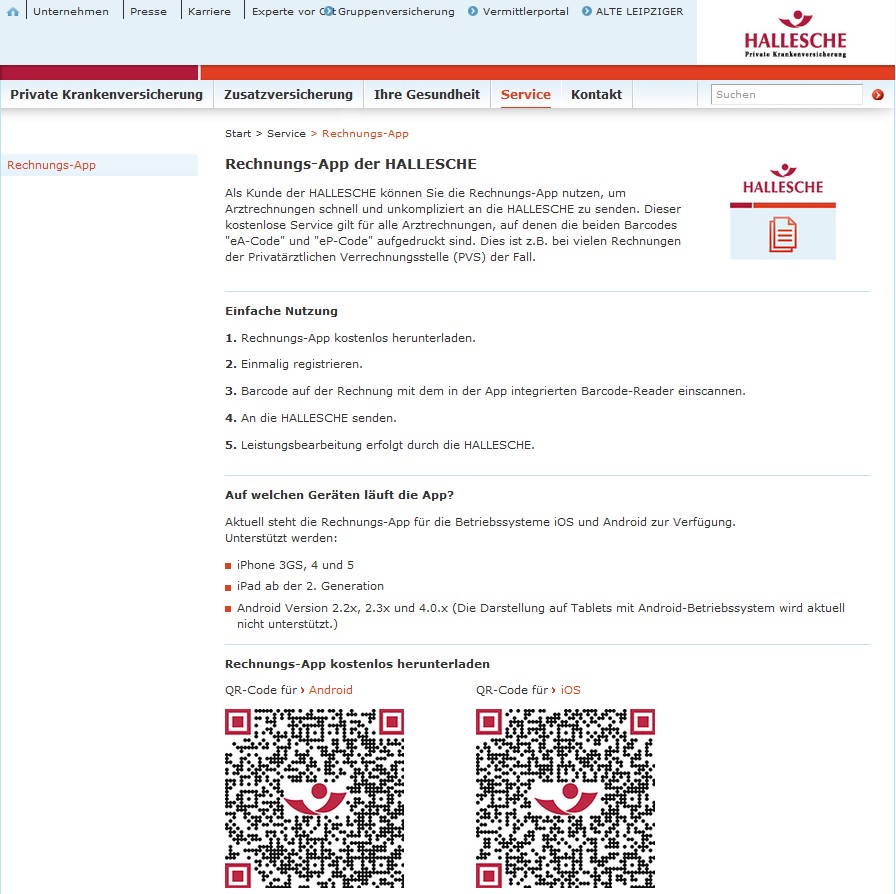 Rechnungs-App Hallesche (Bild: Screenshot Hallesche.de)