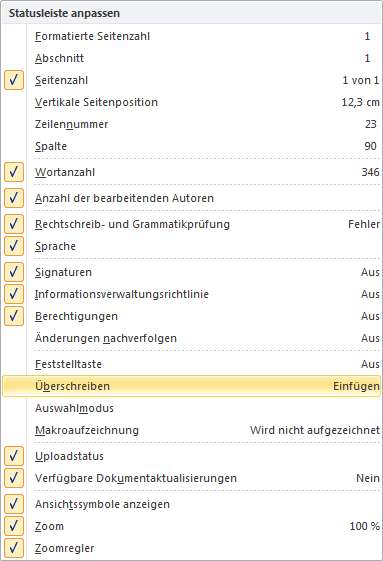 Screenshot Aktivieren der Überschreiben-Funktion in Word 2007/2010